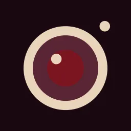 The Four Cuts app icon: a cream camera lens with a deep red centre on a dark plum background.