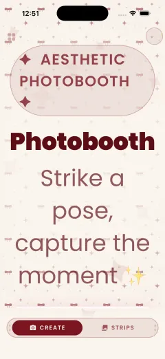 After: the same landing screen at the largest text size, with the title 'Photobooth' fitting on one line above the tagline.