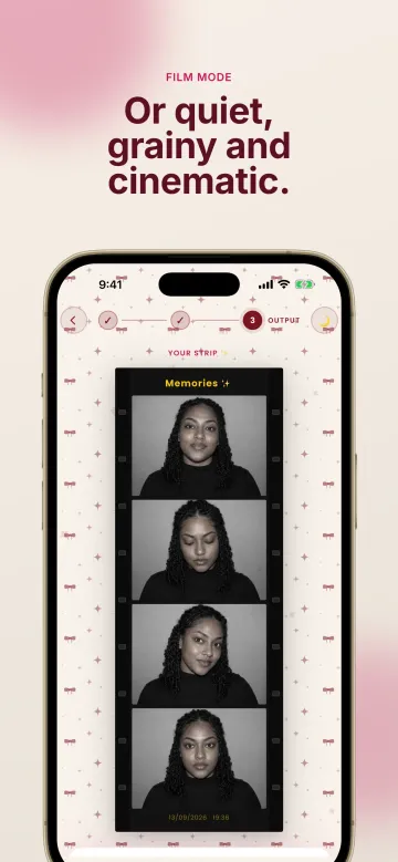 App Store screenshot headed 'Or quiet, grainy and cinematic.': a black-and-white film-style strip of one person in four portraits.