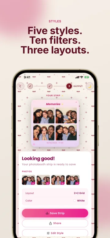App Store screenshot headed 'Five styles. Ten filters. Three layouts.': the save screen with a 2 by 2 grid strip of friends posing, and Save Strip, Share and Edit Style buttons.