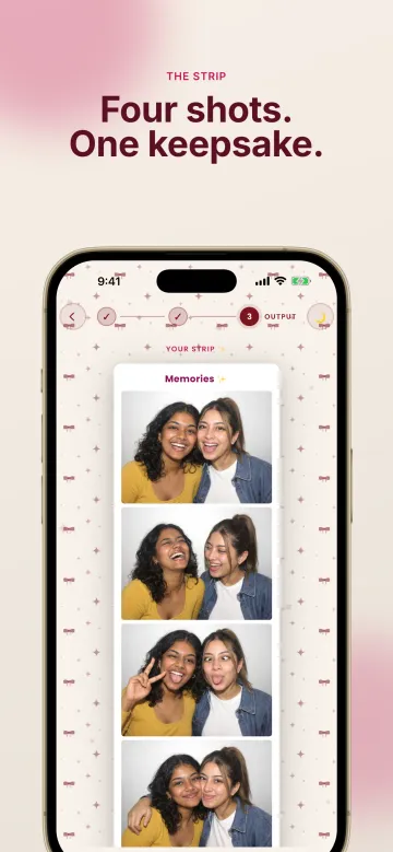 App Store screenshot headed 'Four shots. One keepsake.': the app showing a vertical photo strip of two smiling people in four different poses.