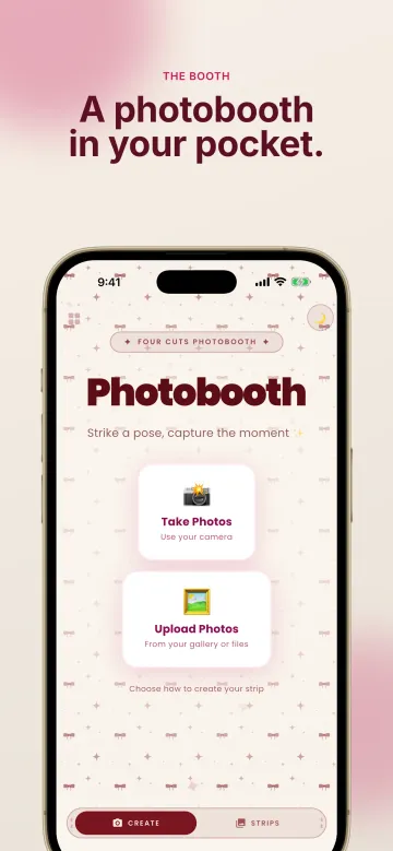 App Store screenshot headed 'A photobooth in your pocket.': the app's home screen with big Take Photos and Upload Photos buttons.