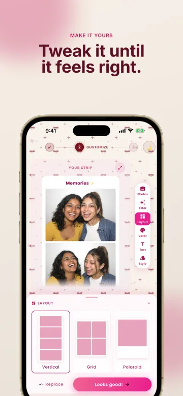 App Store screenshot headed 'Tweak it until it feels right.': the customise screen with a strip preview, a tool rail on the right, and Vertical, Grid and Polaroid layout choices.